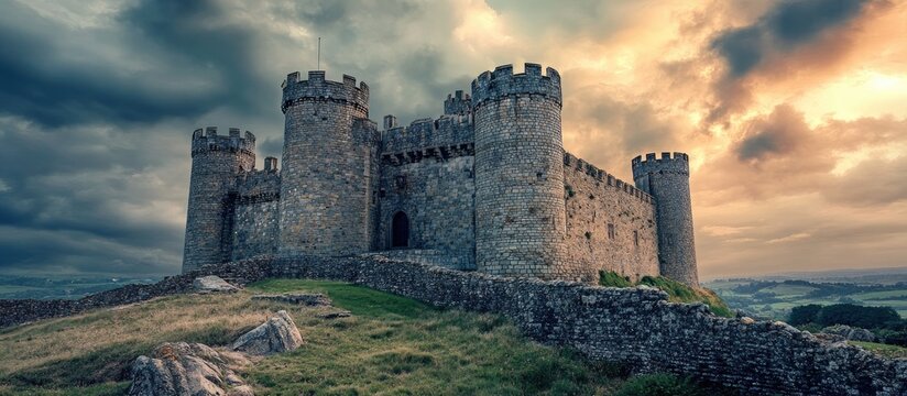 Imposing medieval castle set against a dramatic sky showcasing architectural grandeur and historical significance