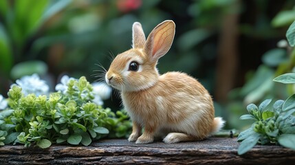 Fototapeta premium Adorable brown bunny rabbit sitting on a wooden fence in a garden.