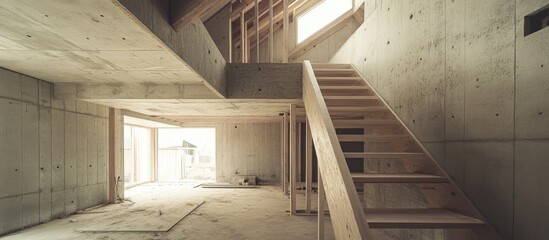 Interior of a frame house under construction showcasing structural details and unfinished spaces