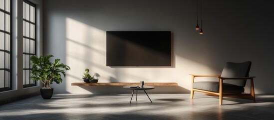 LED TV mounted on a clean white wall in a modern meeting room featuring a sleek black phone on the stylish table