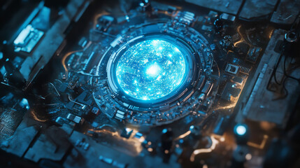 A futuristic processor chip emitting a soft blue light, surrounded by tiny mechanical components