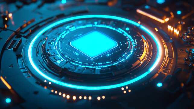 A futuristic processor chip emitting a soft blue light, surrounded by tiny mechanical components