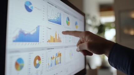 A hand points at data charts on a computer screen in a home office setting.