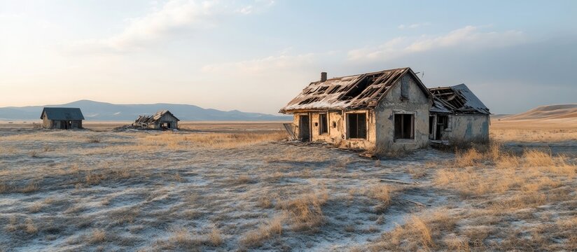 Forgotten houses nestled in a desolate landscape depicting the impact of depopulation and abandonment