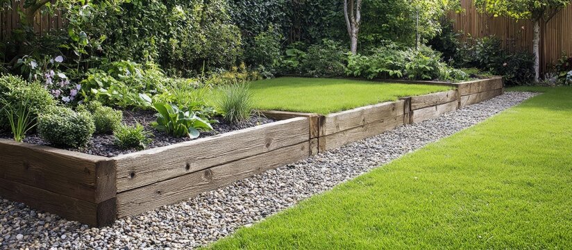 Gravel garden featuring wooden sleepers alongside lush green lawn ideal for outdoor landscaping design