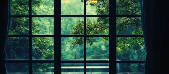 Glass window framed in elegant black wood enhancing the room s contemporary aesthetic