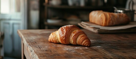 Freshly baked croissant resting on a rustic wooden table ideal for a cozy morning breakfast