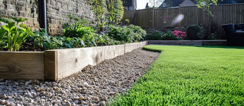 Gravel garden featuring wooden sleepers alongside lush green lawn ideal for outdoor landscaping design