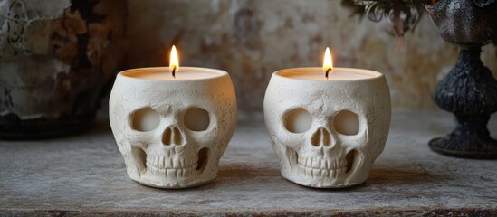 Handmade soy candles in textured plaster pots artistic decor with skull planters perfect for unique home accents