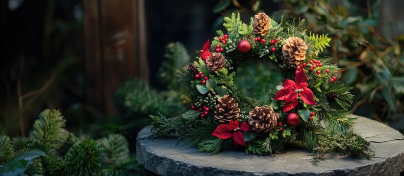 Festive wreath displayed on a rustic stone table ideal for holiday themed decoration and personalized greetings