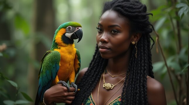 Native Woman in the Amazon Rainforest Holding a Vibrant Parrot, Celebrating the Rich Wildlife and Indigenous Heritage of the Amazonas.

