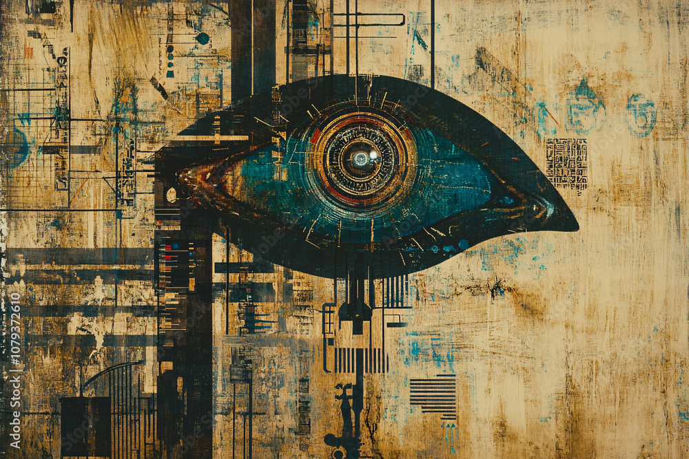 Poster a bold abstract composition of a mechanical eye with vibrant turquoise hues and grunge elements on a
