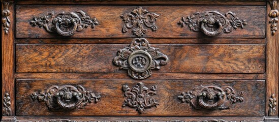 Intricate design of a vintage wooden cabinet chest featuring ornate metal handles and multiple drawers perfect for home decor