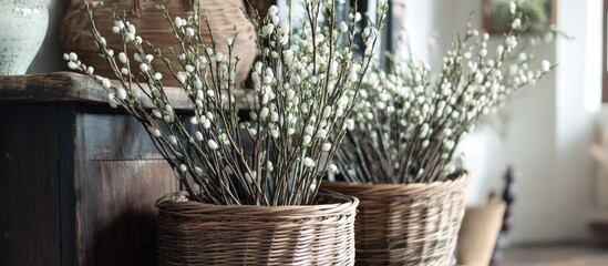 Fresh pussy willow branches in rustic wicker baskets creating a charming indoor spring decor