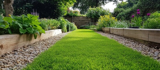 Obraz premium Gravel garden featuring wooden sleepers alongside lush green lawn ideal for outdoor landscaping design