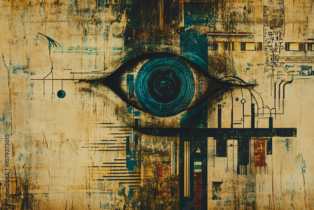 Poster a surreal abstract artwork of an eye with intricate mechanical and grunge textures on a weathered ca