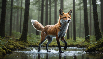 A fox walks through a stream in a dense forest