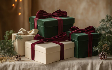 Elegant holiday gift arrangement featuring cream, forest green, and burgundy wrapped boxes with velvet ribbons on a neutral background