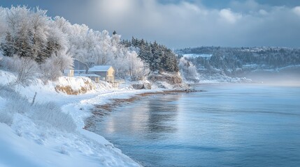 Serene winter landscape with frosty trees and calm waters.