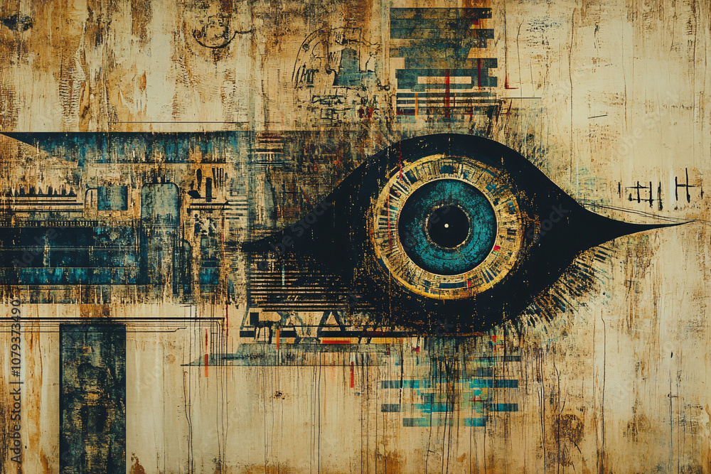 Poster an abstract artistic rendering of an eye with intricate patterns in a digital aesthetic combines bol