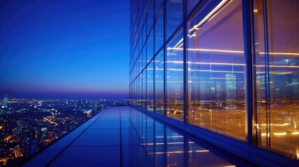 Fototapeta premium Stunning Night View from a Modern Skyscraper with City Lights Reflecting on Glass Windows in Urban Skyline