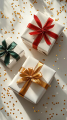 A trio of minimalist festive gift boxes wrapped in white paper with colorful ribbons on a sparkling background