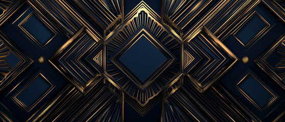 Fond Art D&eacute;co avec Motifs G&eacute;om&eacute;triques en Bleu, Noir et Dor&eacute;