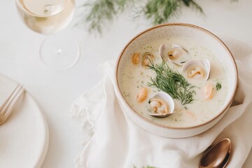 National Clam Chowder Day table setting with clam chowder, white wine, and a linen napkin, garnished with dill and fresh clams in the shell &ndash; elegant, coastal, refined dining experience