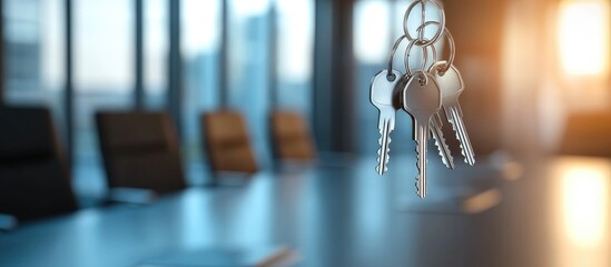 Hanging silver house keys in focus against the backdrop of a modern conference room showcasing interior design elements and real estate opportunities