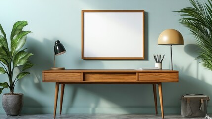Mid-Century Modern Home Office with Wooden Desk, Plants, and Stylish Lighting in a Minimalist Setting