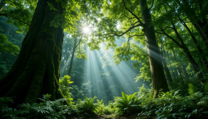 Fototapeta premium Rainforest canopy with serene sunlight beams illuminating lush foliage and ferns