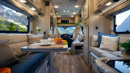 The cozy and well-appointed interior of a camper van, showcasing a dining table, seating area, and a view of the scenic outdoors through the windows.


