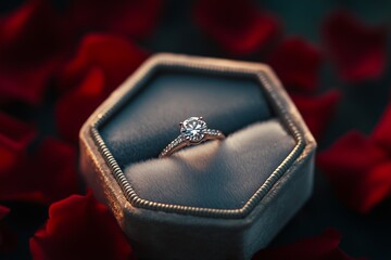 A classic solitaire diamond engagement ring placed in an open velvet jewelry box, surrounded by rose petals