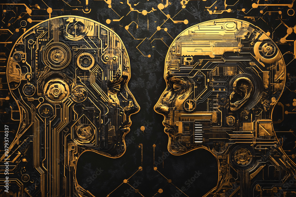 Poster two digital humanoid profiles face each other in a detailed golden circuitry pattern suggesting arti
