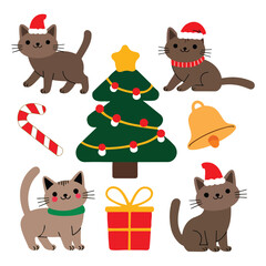 Merry Christmas and Happy New Year vector background. Collection of cute cats with scarves, ribbons, and hats. Ideal for banners, marketing, shop decor, stickers, and kids’ designs.
