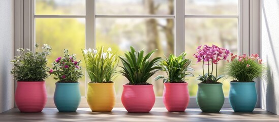 Indoor plants and flowers in colorful pots arranged neatly by the window creating a vibrant indoor garden