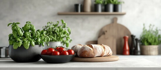 Kitchen interior banner featuring fresh tomatoes aromatic basil and rustic bread elegantly displayed on a countertop