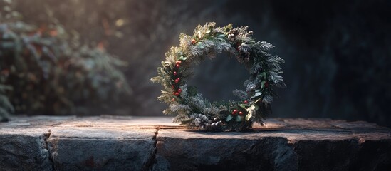 Festive wreath displayed on a rustic stone table ideal for holiday themed decoration and personalized greetings