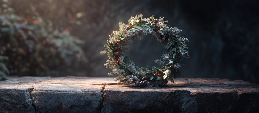 Festive wreath displayed on a rustic stone table ideal for holiday themed decoration and personalized greetings
