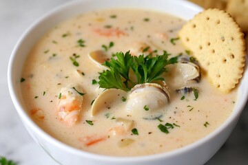bowl of classic New England clam chowder topped with fresh parsley, served with oyster crackers on the side