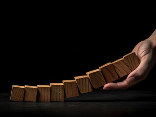 Risk and Strategy in Business, Image of hand stopping falling collapse wooden block dominoes effect from continuous toppled block, prevention and development to stability