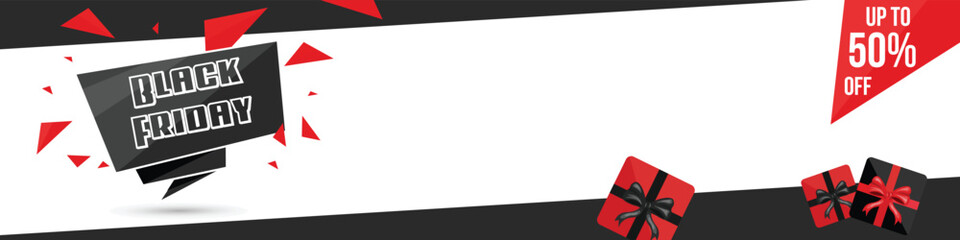 Obraz premium Black Friday Creative Modern Banner Design. Black Friday Text Banner and Up to 50% Off Big Sale Design. Big Sale Advertising Signboard. Can be used for web or in print for any design. Add your Design.