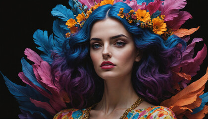Fototapeta premium A woman with blue and purple hair poses for a portrait with a flower crown and colorful feathers