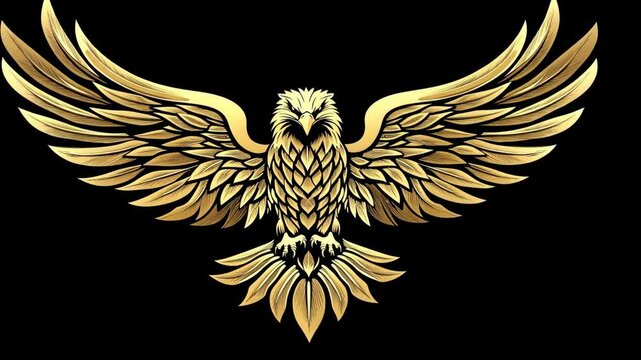 A golden eagle with its wings spread wide against a black background