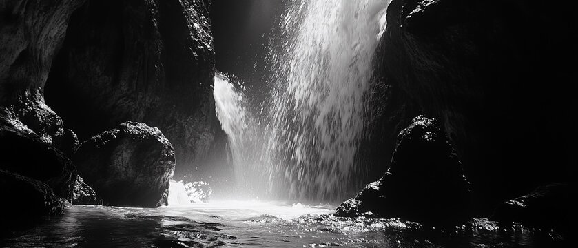 High-Resolution 7:3 Aspect Ratio Monochrome Photograph of a Waterfall Cascading Over Rocks with Intense, Dramatic Lighting in Black and White, Capturing Texture and Depth