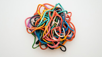 A tangled bundle of colorful cables against a plain white background