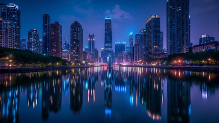 Fototapeta premium A stunning nighttime cityscape of a modern city with skyscrapers reflected in a tranquil body of water.