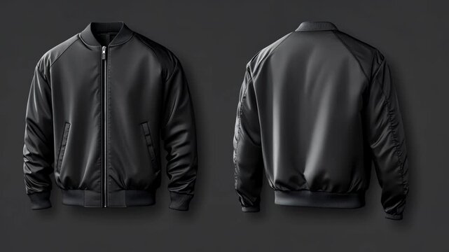 A black bomber jacket is shown from the front and back on a dark gray background