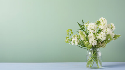 Fototapeta premium Greeting card, banner with copy space for text. Tender beautiful fresh flowers bouquet in vase standing on light green background. Romantic invitation, Mother day, anniversary concept