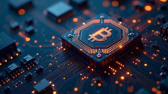 Bitcoin logotipe on microchip on pcb, generative ai